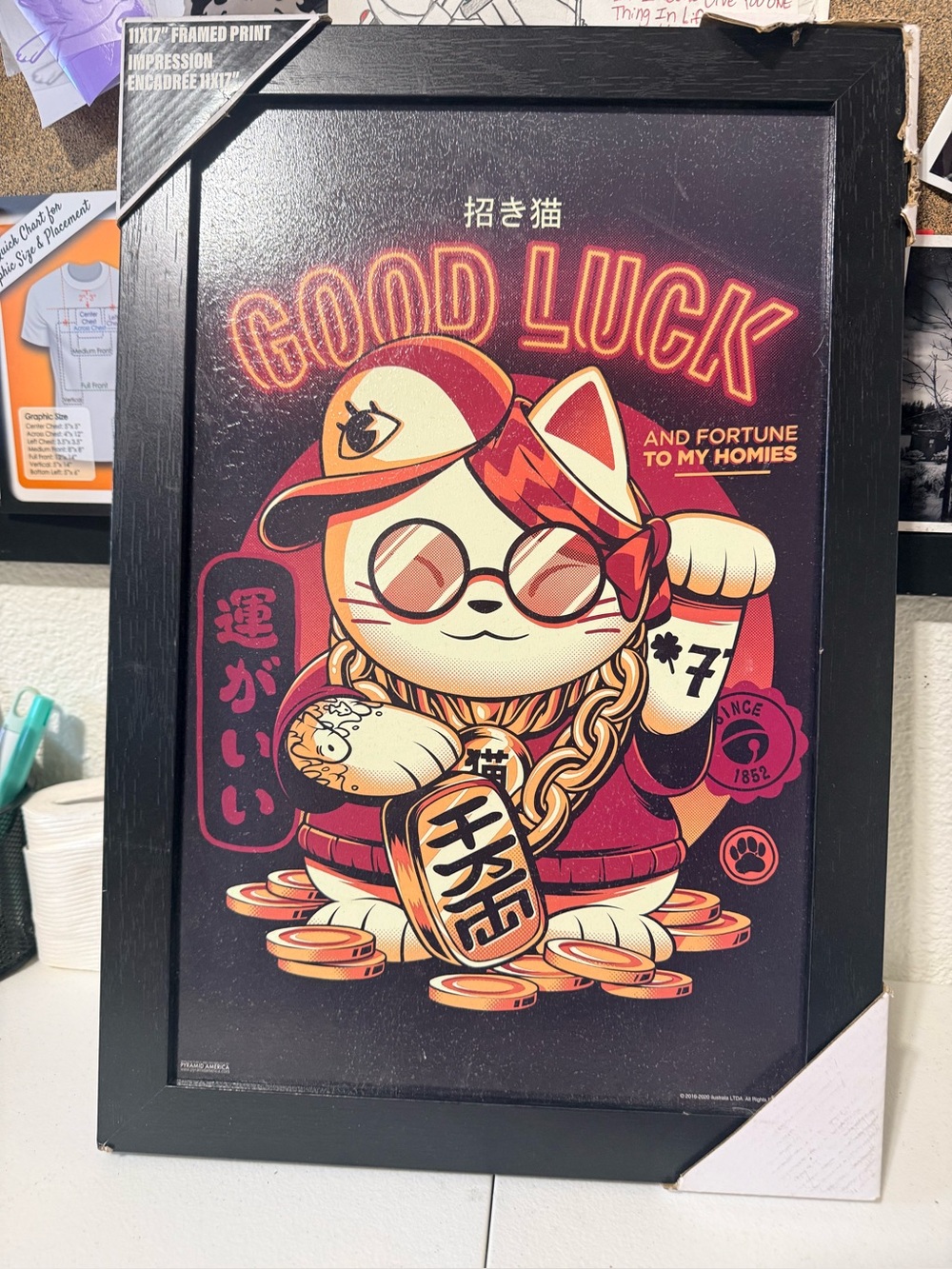 Good Luck Maneki Neko Framed Print - Red, Cream, Gold